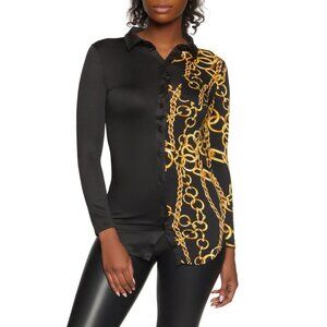 NWT JULIA by LOVE J Two Tone Chain Print Button Front Shirt Color Black Size 3XL